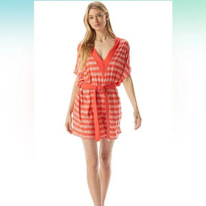 Michael Kors Kytoto Stripe V-Neck Belted Tunic Cover-Up Sangria M/L NWT